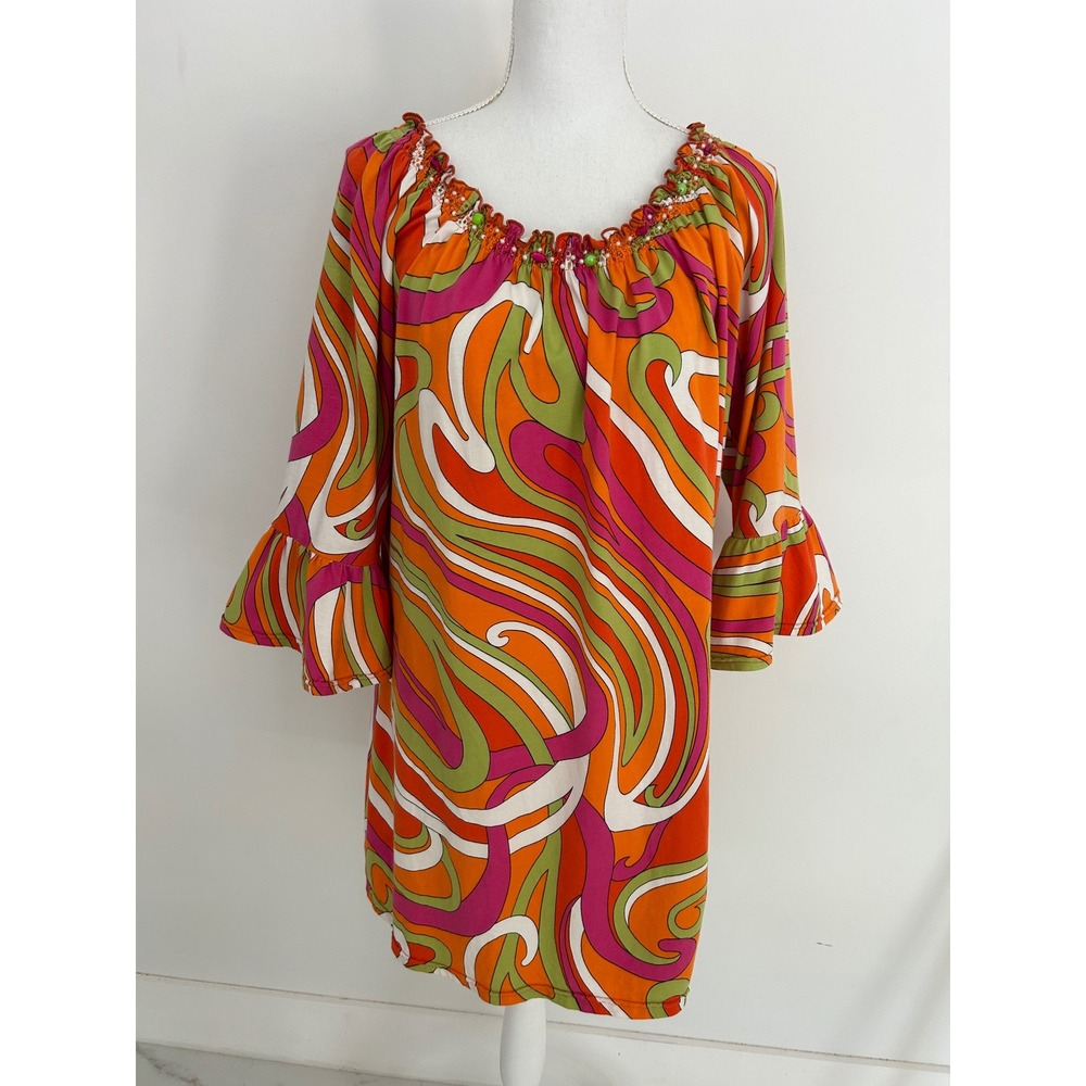 Joyous & Free Retro Psychedelic Swirl Beaded Ruffle Sleeve 70's style Dress XL